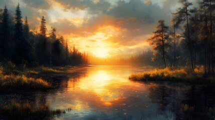 Obraz premium Tranquil Sunset Over a Serene Lake