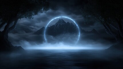 Digital art piece that appears to be a landscape photograph of a mountain range at night. the sky is dark and cloudy, and the mountains are silhouetted against the horizon.