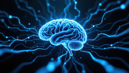 A graphic representation of Artificial General Intelligence with a brain structure emitting blue light.