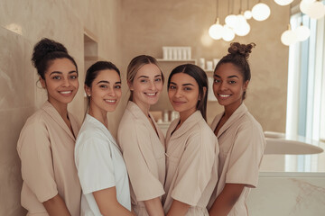 beauty clinic crew posing for a group shot, luxurious reception in the background, beige and warm earth tones