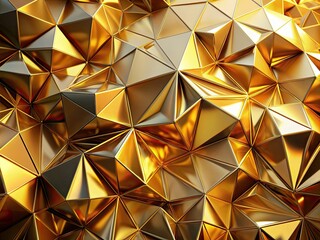 This abstract visual showcases a mesmerizing golden crystal background with complex facets capturing light in captivating reflections and patterns