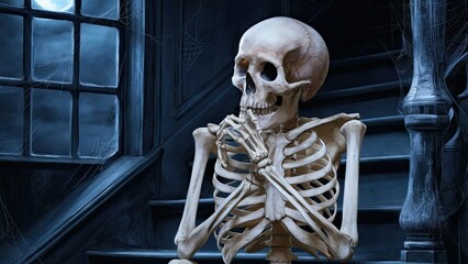 In a dimly lit space a skeleton contemplates life sitting on a staircase surrounded by shadows and cobwebs with moonlight illuminating the room