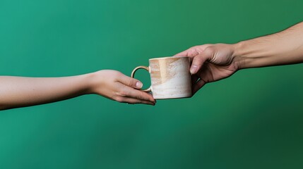 Hands exchanging a hand-painted ceramic mug featuring artistic designs, symbolizing craftsmanship, connection, and creativity against a vibrant green background.
