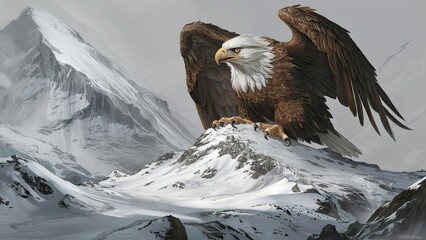 A giant eagle stands impressively on snowy peaks surveying the vast mountain range while clouds drift lazily through the sky