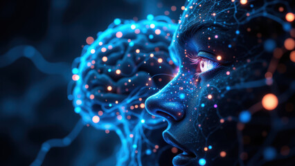 A digital illustration of a human brain with AI elements, highlighting artificial general intelligence.