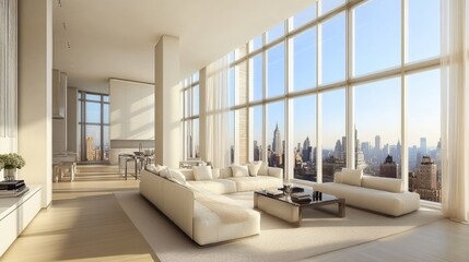 Fototapeta premium Spacious Loft Hall with Elegant White Windows and Beige Accents in a Modern Living Room Studio