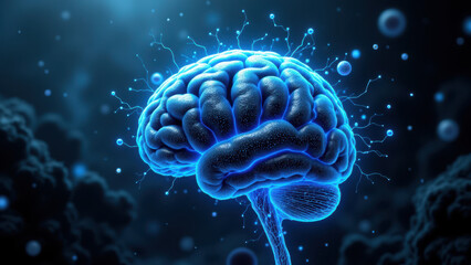 Fototapeta premium AGI concept with blue brain firing neurons set against an outer space background.