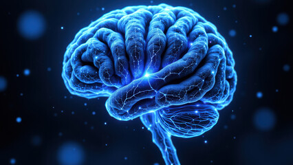 A computer-generated 3D rendering of a human brain with light effects, symbolizing artificial intelligence or the concept of general AI.