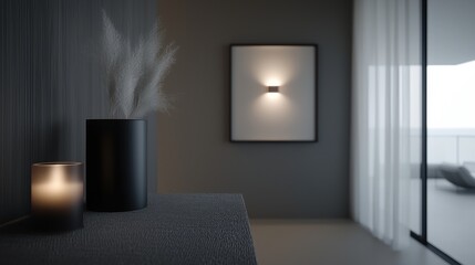 Modern living room with a large window on the right side. the window has white curtains that let in natural light. on the left side of the image, there is a black vase with a white plant in it.