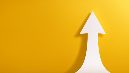 Glowing white arrow rise up on yellow background. Investment, business growth. Copy space.