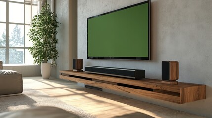 A TV with a green screen on a sleek floating media unit, with a modern soundbar underneath. 