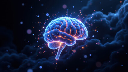 Fototapeta premium A glowing human brain with intricate neural pathways set against a cosmic backdrop, representing Artificial General Intelligence (AGI).