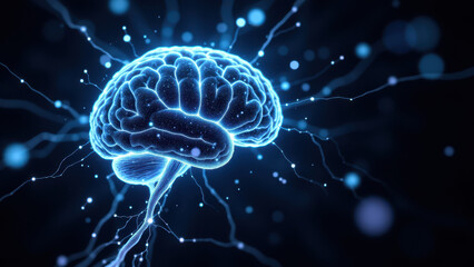 The image features a computer-generated brain with a glowing blue aura, symbolizing artificial general intelligence (AGI).