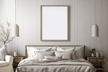 Elegant bedroom with a blank wooden frame above the bed, featuring light gray vertical striped walls, modern decor, a white sofa, bedside tables, and pendant lights.