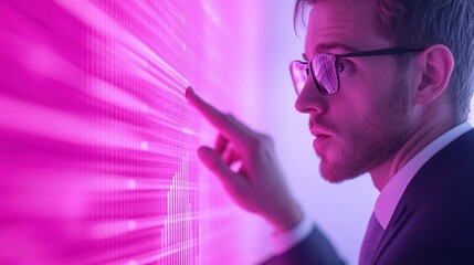 Man interacts with futuristic digital interface in vibrant pink light, AI