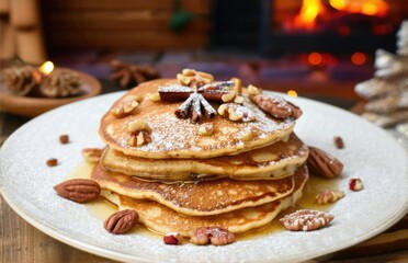 Christmas pancakes with nuts and cinnamon on a festive background