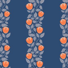 Seamless minimalistic floral pattern with orange flowers and grey leaves on the dark blue background.
Perfect for textile, fabric, backdrop, wall hanging, wrapping, design paper, home decoration