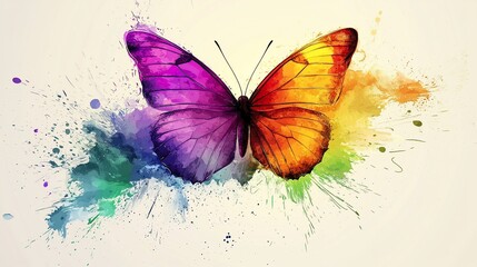 Colorful butterfly, vibrant colors, artistic design, with watercolor splatters.