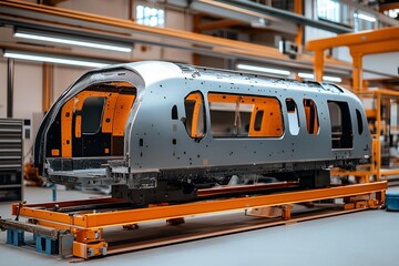 A vibrant orange skeletal train body structure in a spacious industrial workshop highlighting advanced engineering techniques