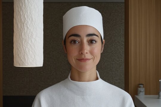 Caucasian female adult chef in white uniform smiling in modern kitchen