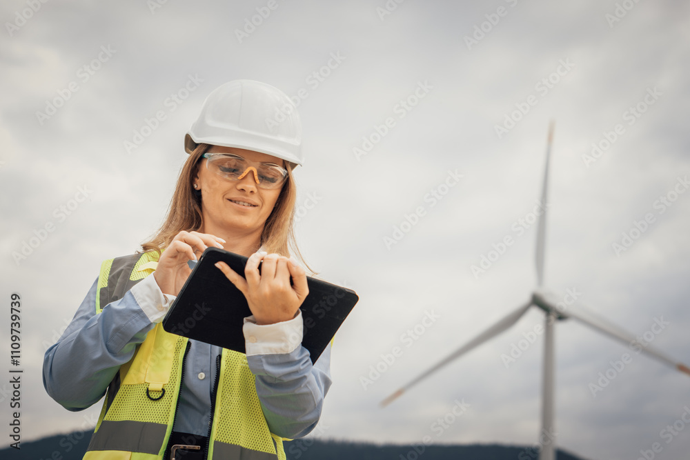 Poster a dedicated female engineer is at a wind farm, using a tablet equipped with advanced technology to c