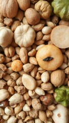 Close-up shot of a variety of textured foods like nuts, seeds, fruits, and vegetables, texture diet, ingredients