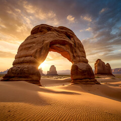 Colossal arches of floating rocks frame the crystal-clear sand under the twilight. Generated by 1:1 AI, ideal for projects that evoke mystery, perfect for e-books, projects for visual grandeur.