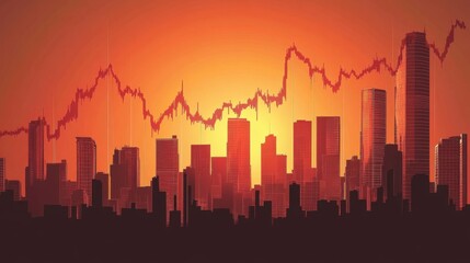 Fototapeta premium Urban skyline silhouette against a vibrant sunset with financial graph overlay illustrating economic trends and market dynamics in a bustling city environment