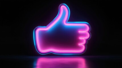 Obraz premium Vibrant Thumbs Up Symbol in Neon Pink and Blue Glow. Isolated Cyber Icon with 3D Effect on Dark Background