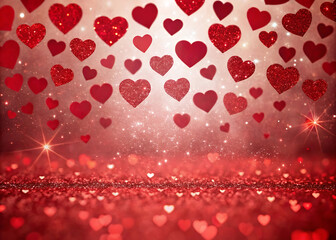 A multitude of vibrant red heart shapes create a sparkling and romantic abstract background filled with love and warmth. Perfect for Valentine's Day themes or heartfelt designs.