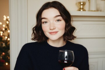 Caucasian young female smiling with wine glass by fireplace with holiday lights