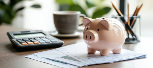 Financial Planning with Piggy Bank and Calculator in Cozy Home Office