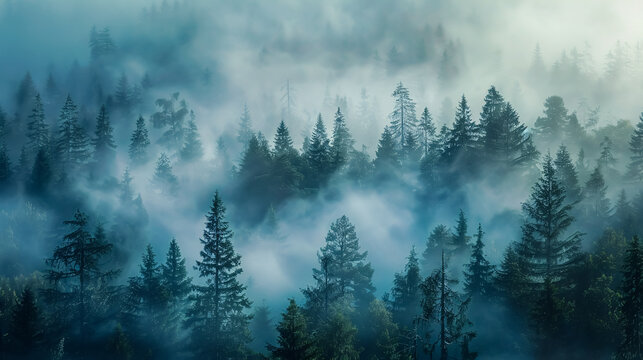 Foggy Forest: The ethereal beauty of a foggy forest, with trees shrouded in mist, creating a mystical and tranquil atmosphere. - Powered by Adobe