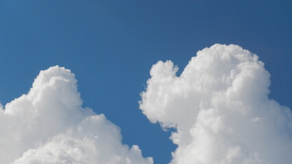 Clouds in shape of elephant head with trunk - natural blue sky background with white Cumulus clouds. Topics: weather, meteorology, atmosphere, animal, abstract