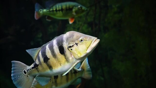 Cichla piquiti blue, fish with stripes and black mouth swimming in tank