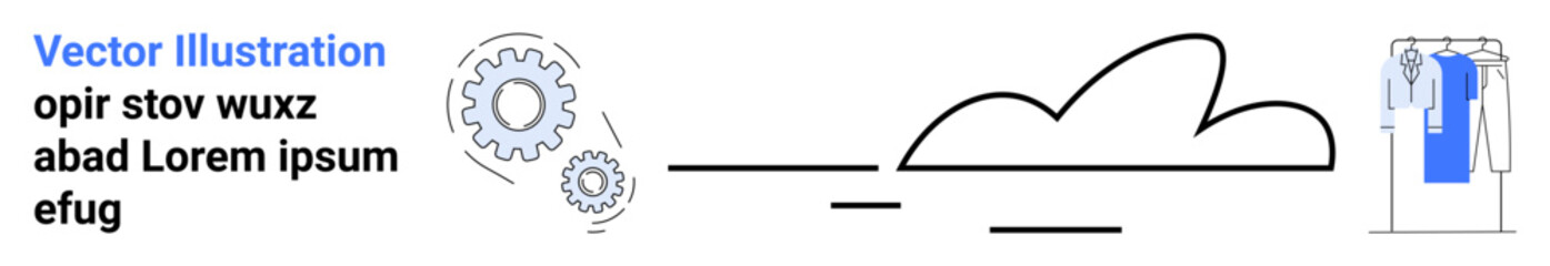 Gears illustrate machinery, text demonstrates placeholder writing, stylized cloud represents cloud storage, clothing rack signifies organization. Ideal for technology, business processes, cloud