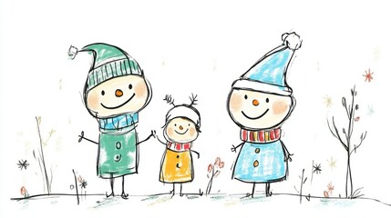 Fototapeta premium Cheerful Hand-Drawn Snowmen Family with Colorful Outfits Featuring Warm Hats and a Playful Winter Scene Ideal for Holiday Greetings and Seasonal Designs