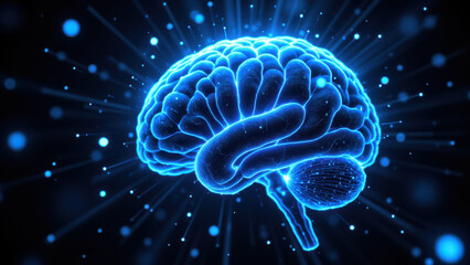 A dynamic graphic illustration featuring a stylized human brain with glowing blue energy waves emanating from it, representing artificial general intelligence (AGI).