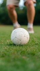 Obraz premium Senior Man Kicking Soccer Ball on Grass Field with Friends Nearby
