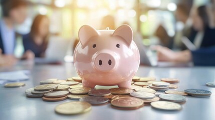 Teamwork in Savings: Piggy Bank and Coins in Collaborative Office Environment