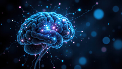 Fototapeta premium The image illustrates a visual metaphor for Artificial General Intelligence, with an intricately designed brain structure as the central focus, radiating bright light and energy particles.