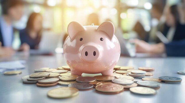 Teamwork in Savings: Piggy Bank and Coins in Collaborative Office Environment