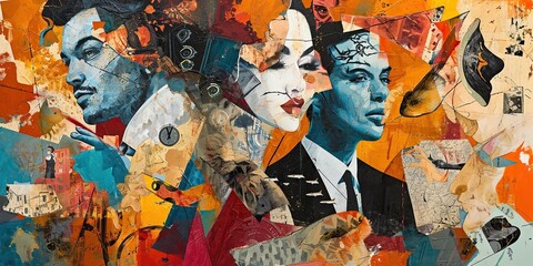 Fototapeta premium Eclectic collage piece merging diverse characters with unusual elements, concept of Pop art
