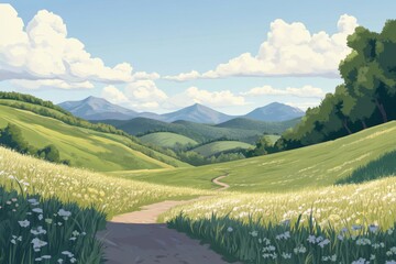 Fototapeta premium an idyllic countryside landscape with rolling hills, meadows, and distant mountains under a clear blue sky.