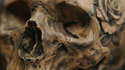 Close-up of a detailed skull model with floral tattoo design.