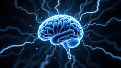 Obraz premium An artistic rendering of a human brain with lightning emanating from it, symbolizing artificial general intelligence or advanced technology concepts.