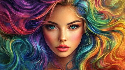 Obraz premium Stunning Young Woman with Vibrant Multi-Colored Tresses and Elegant Make-Up. A Rainbow of Beauty in Every Strand