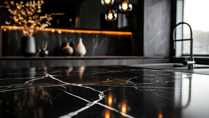 Elegant modern kitchen featuring black marble countertop and stylish decor in a contemporary setting
