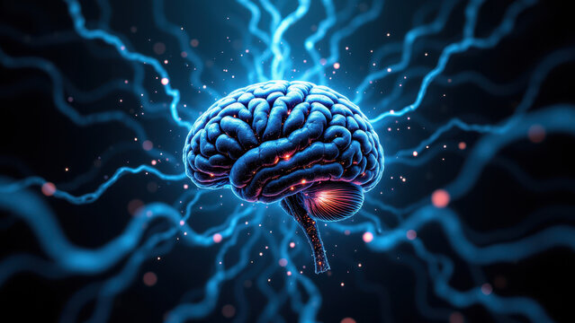 Brain-like structure symbolizing AI with electric blue lightning effects.