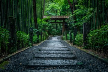 Enchanting Bamboo Forest Pathway Leading to a Traditional Wooden Gate
